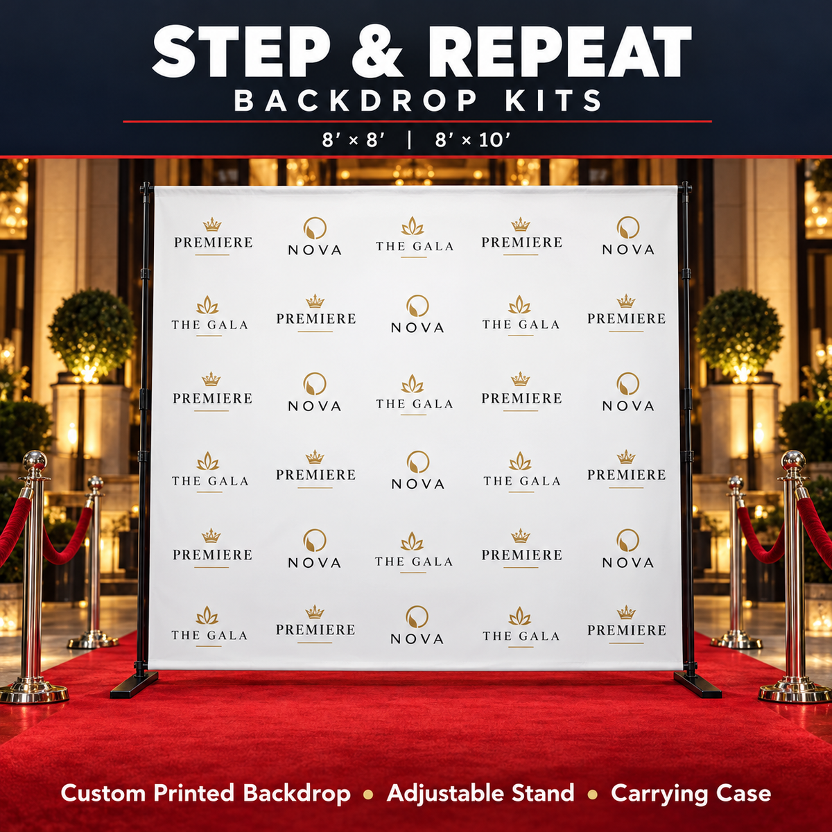 Step & Repeat Backdrop with Stand - 8' x 8' / 10' x 8'  (8'w x 8'h and 10'w x 8'h)